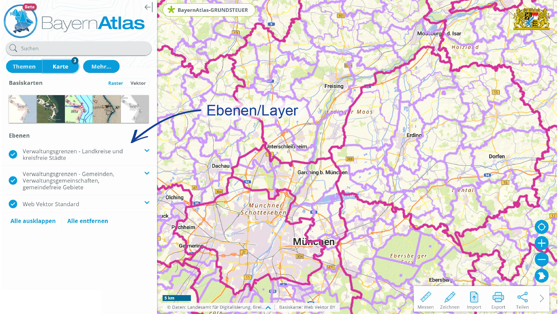 Screenshot aus dem BayernAtlas, welcher zeigt, an welcher Stelle sich die Ebenen beziehungsweise auch Layer genannt befinden